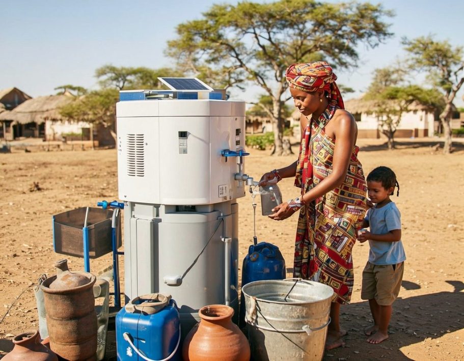 atmospheric A woman and child use a water purification system outdoors in a rural setting.